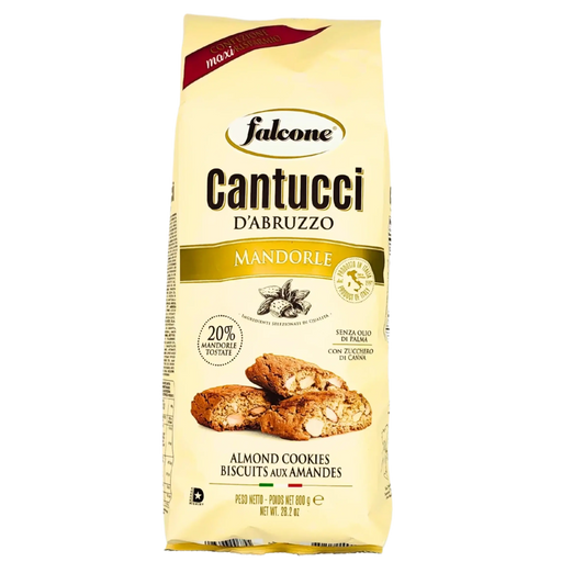 Face avant du paquet de Cantucci d'Abruzzo aux amandes 800g de la marque Falcone, affichant des biscuits dorés et les ingrédients principaux.