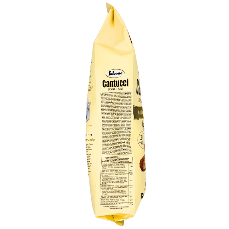 Côté du paquet de Cantucci d'Abruzzo Mandorle 800g, montrant les ingrédients et les valeurs nutritionnelles détaillées.