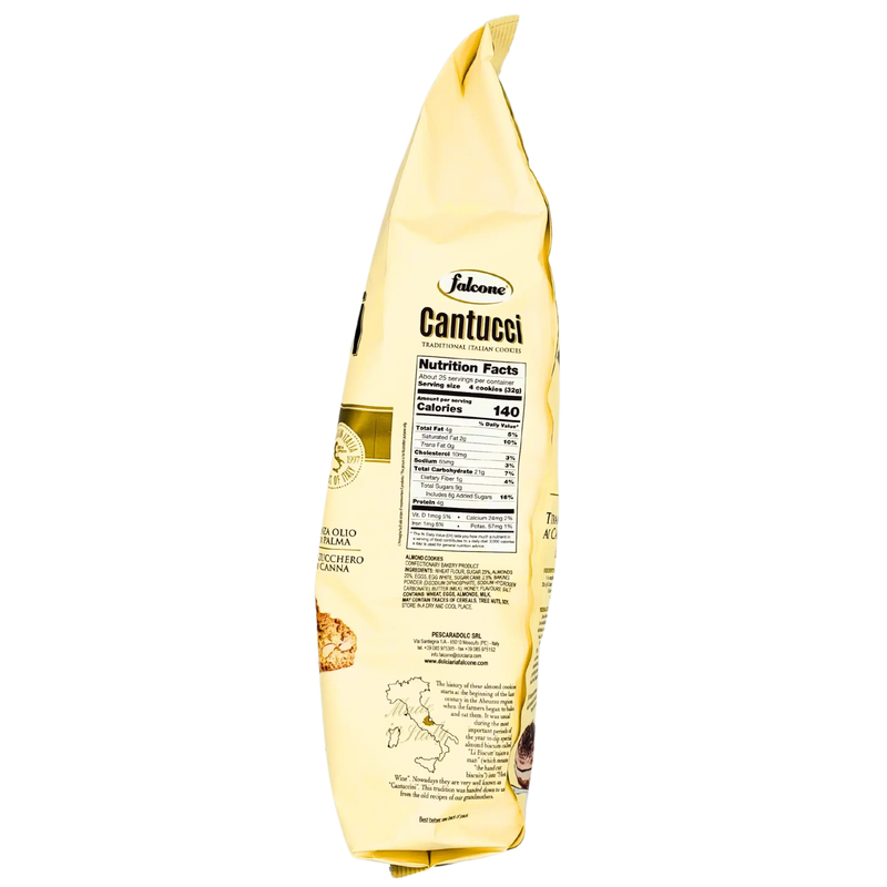 Côté nutritionnel du paquet de Cantucci d'Abruzzo Mandorle 800g, avec des informations sur les calories et les matières grasses.