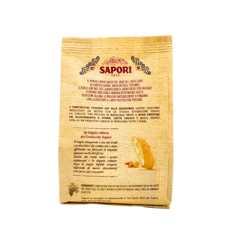 Face arrière du paquet Cantuccini Toscani I.G.P. 250g, avec texte de présentation sur la tradition pâtissière toscane.