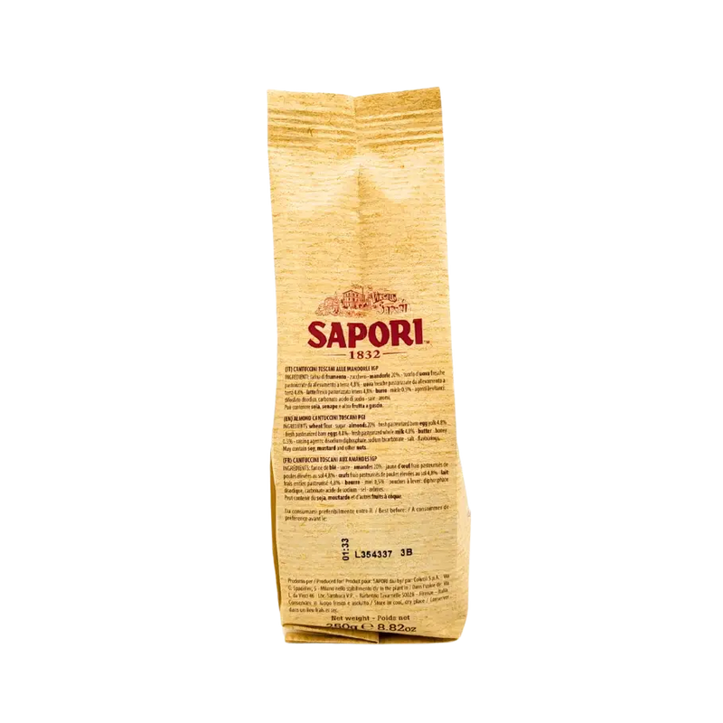 Côté du paquet de Cantuccini Sapori avec la liste des ingrédients et les informations de conservation.