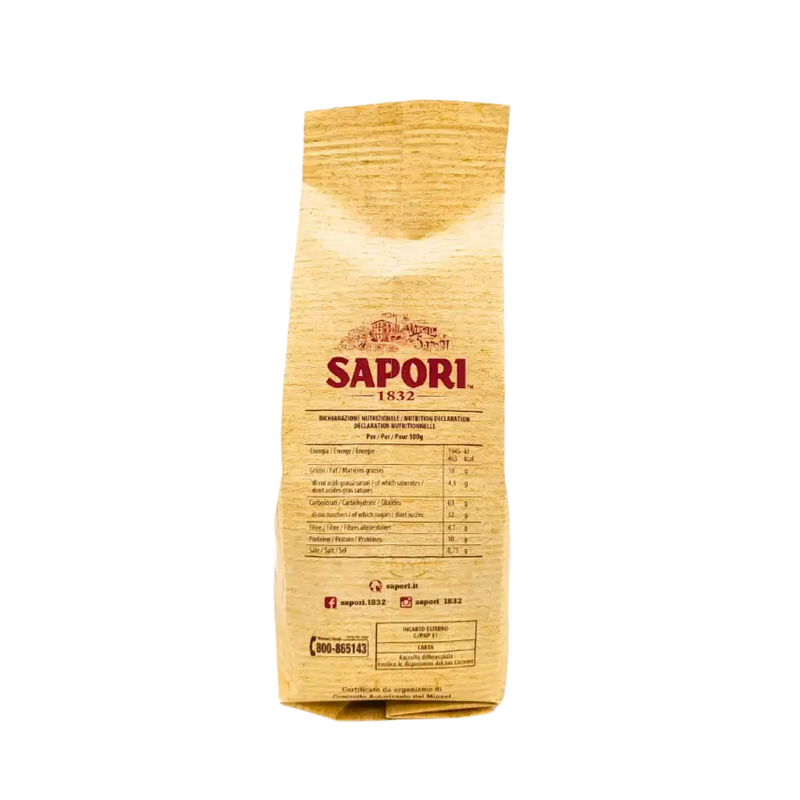 Vue latérale du paquet de Cantuccini Sapori 250g avec les valeurs nutritionnelles en détail.