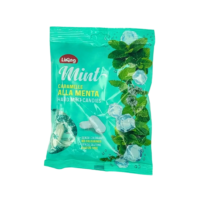 Paquet de bonbons durs à la menthe Liking (150g) avec un design frais à la menthe et la mention "sans gluten".