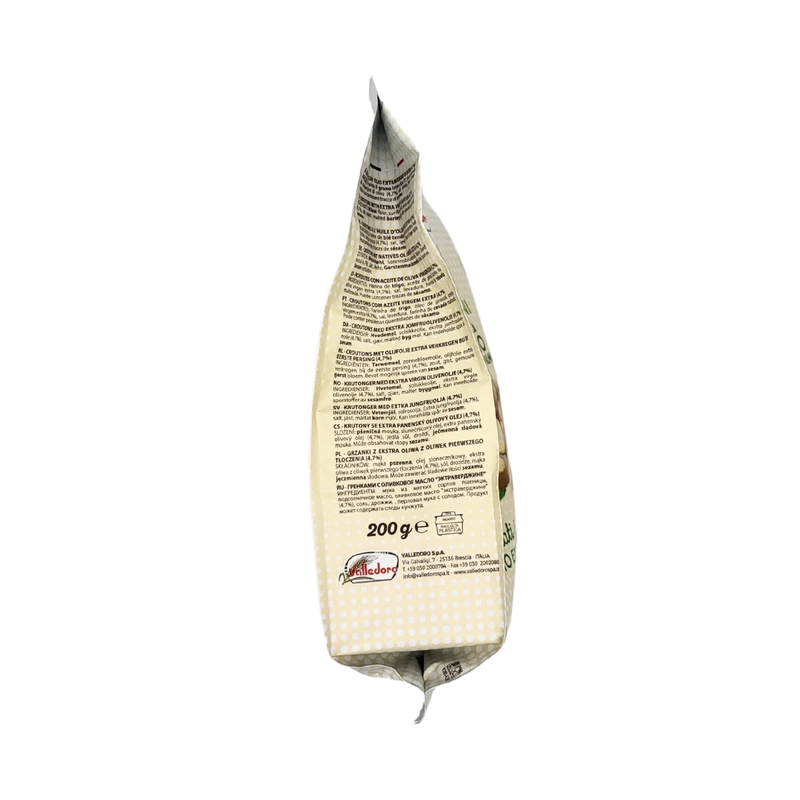 Vue latérale de l’emballage Cirri Crostini Vegan Non Fritti 200 g, mettant en avant la composition et le positionnement « snack vegan santé ».