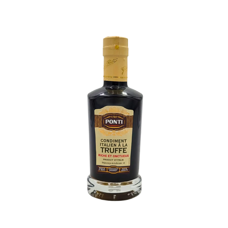 Bouteille de condiment à la truffe, spécialité italienne traditionnelle au goût riche et crémeux, parfaite pour les risottos et les œufs.