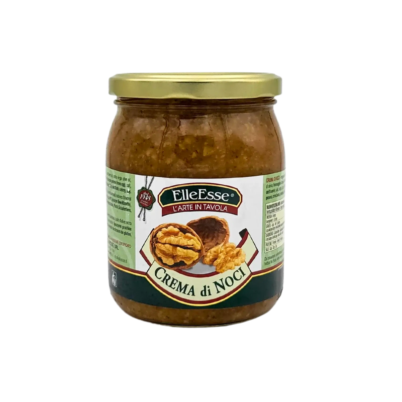 Pot de crème de noix ElleEsse 520g, sauce riche aux noix avec huile d'olive et Grana Padano, idéale pour pâtes, pizzas et tartines.