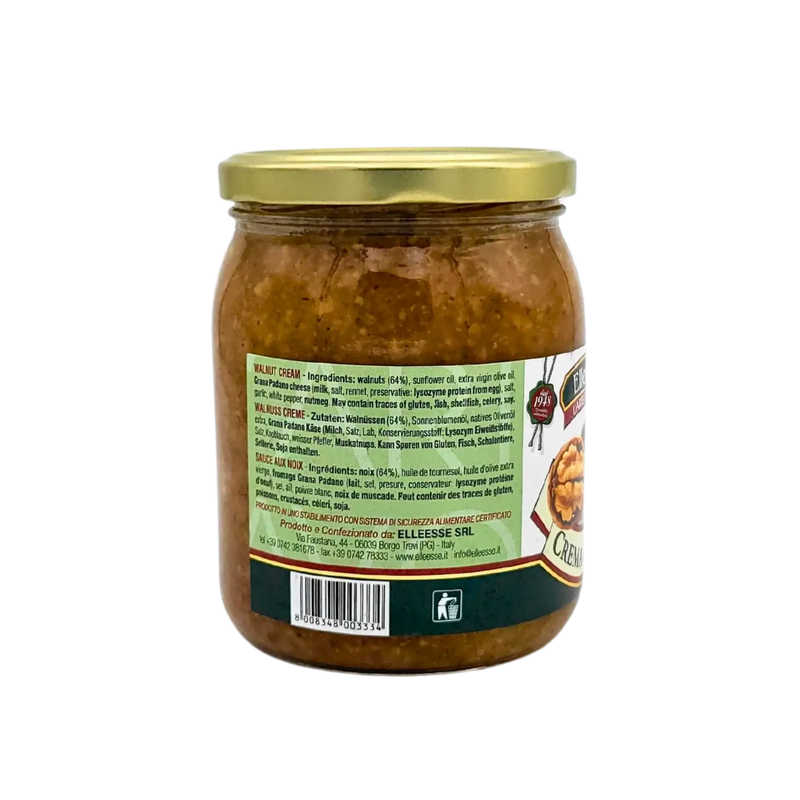 Pot de crème de noix ElleEsse 520g avec étiquette en gros plan, idéal pour pâtes, pizzas, tartines. Ingrédients: noix, huile d'olive.