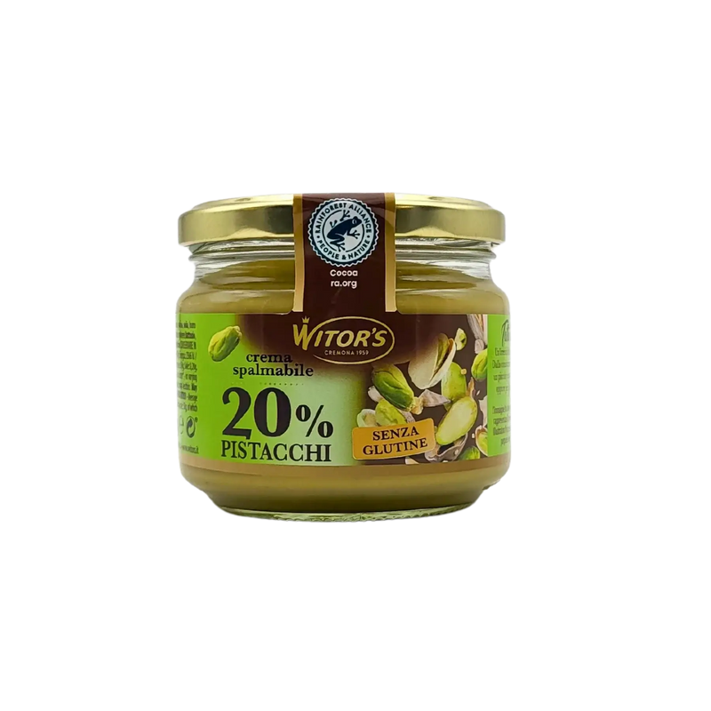 Pot de crème de pistache Witor's 220g, tartinade sans gluten avec 20% de pistaches, délicieuse et facile à étaler. Parfaite pour pâtisseries.