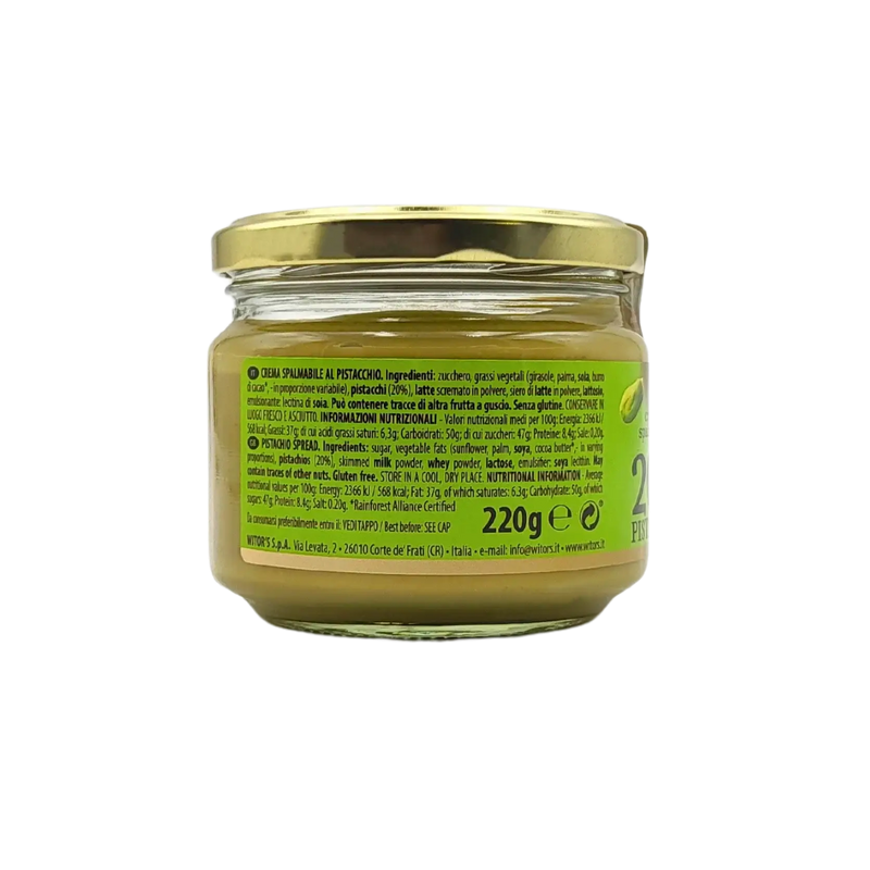 Pot de 220g de crème de pistache Witor's sans gluten, vue arrière