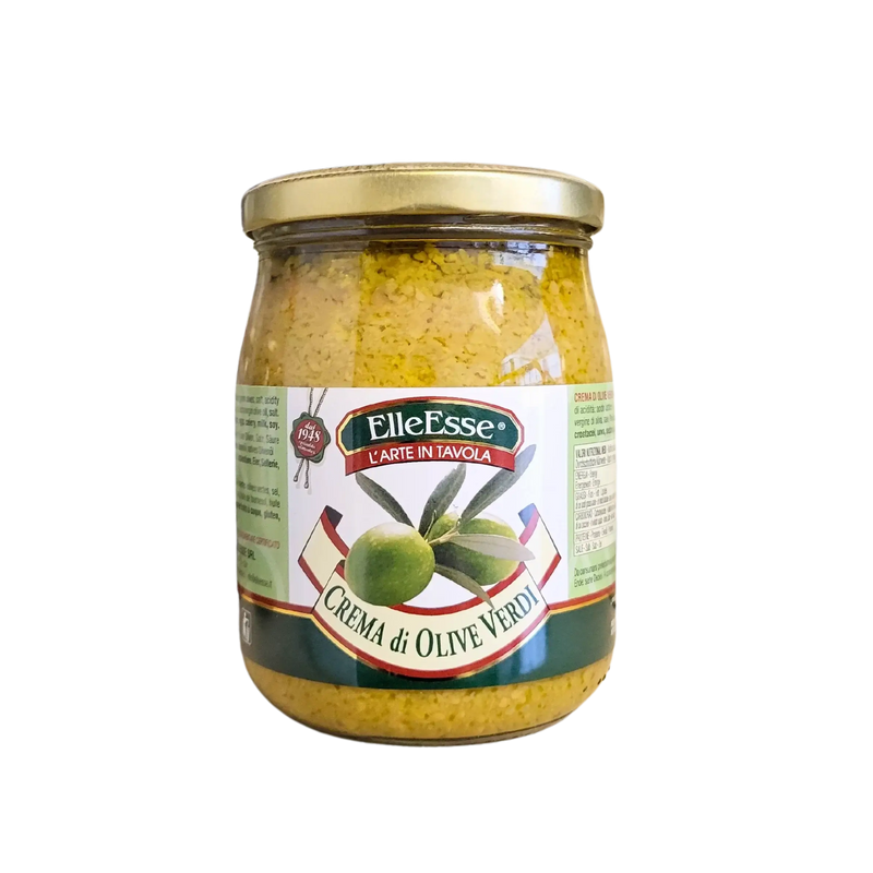Tapenade Olive Verte ElleEsse 520g – Bocal avec olives vertes en gros plan