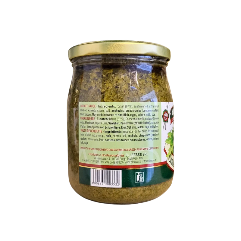 Pot de creme de roquette ElleEsse 520g, sauce aromatique pour plats italiens, vue arrière du produit.