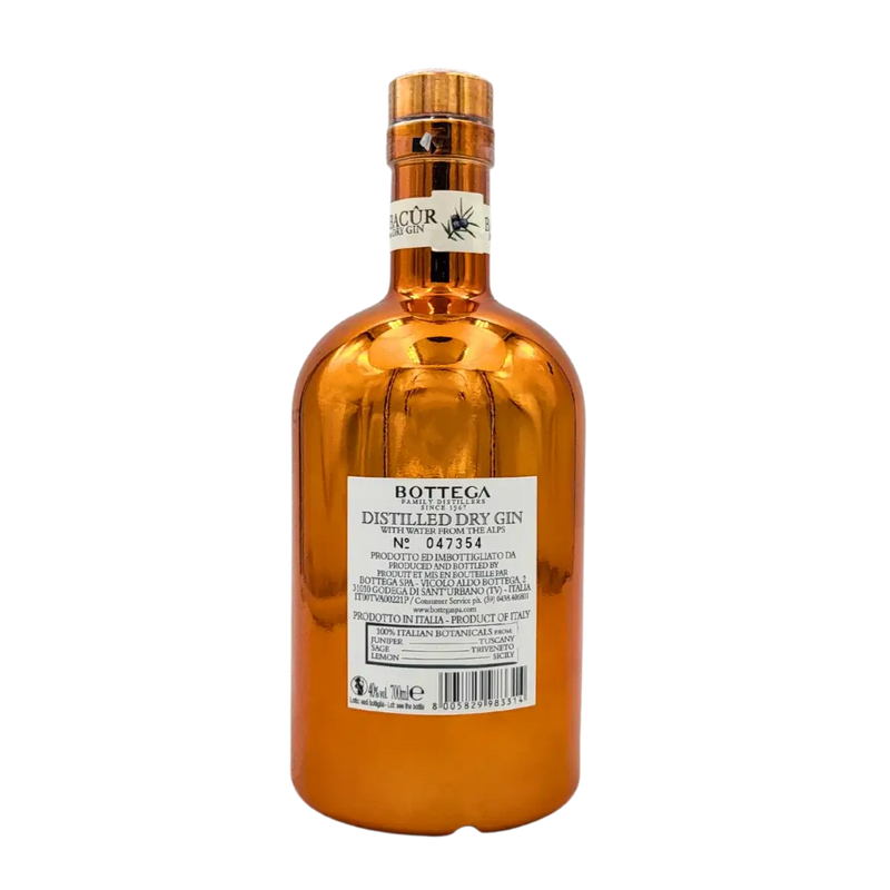 Bouteille de Gin Bagûr Bottega 70cl, gin italien distillé depuis 1967, avec plantes naturelles et eau pure des Alpes.