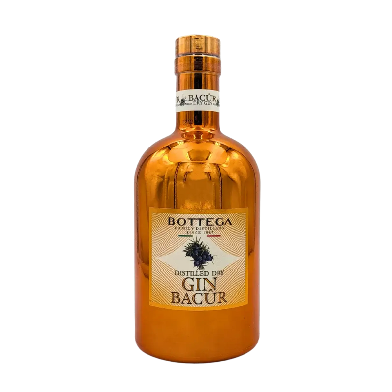 Bouteille de 70cl de Gin Bagûr Bottega, distillée avec plantes naturelles, représentant l'excellence du gin italien.