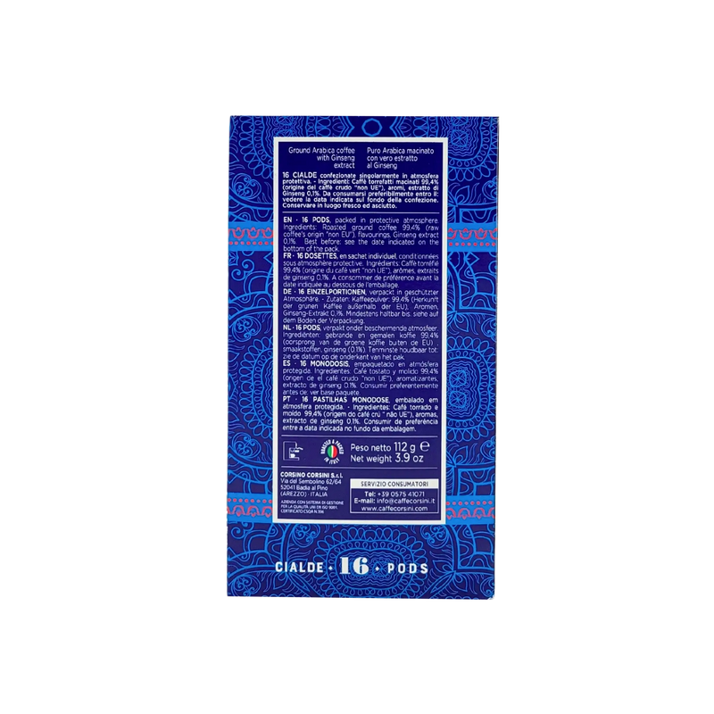 Paquet de Café Ginseng Dosette Senseo Compagnia Dell'Arabica Corsini 16 dosettes vu de dos.