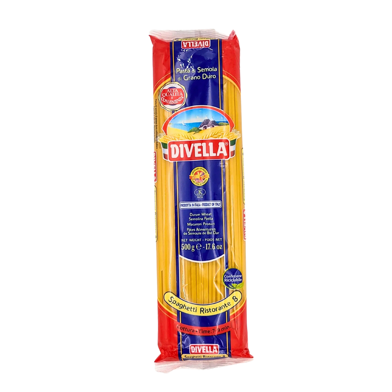 Sachet de pâtes longues italiennes Divella Spaghetti Ristorante N°8 en semoule de blé dur, 500g, idéal pour des plats traditionnels italiens.