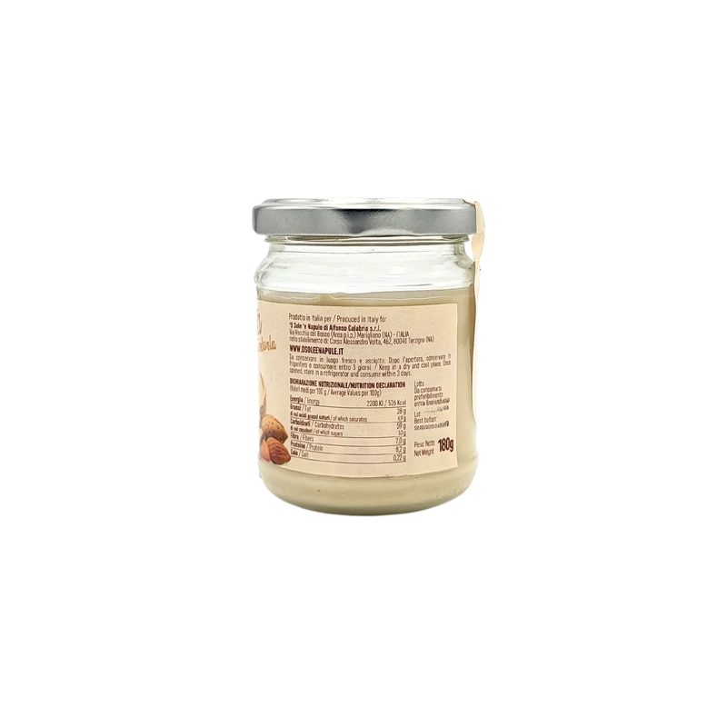 Pot de crème d’amande Sicilienne Dolcetta alla Mandorla, 180g, avec étiquette nutritionnelle.