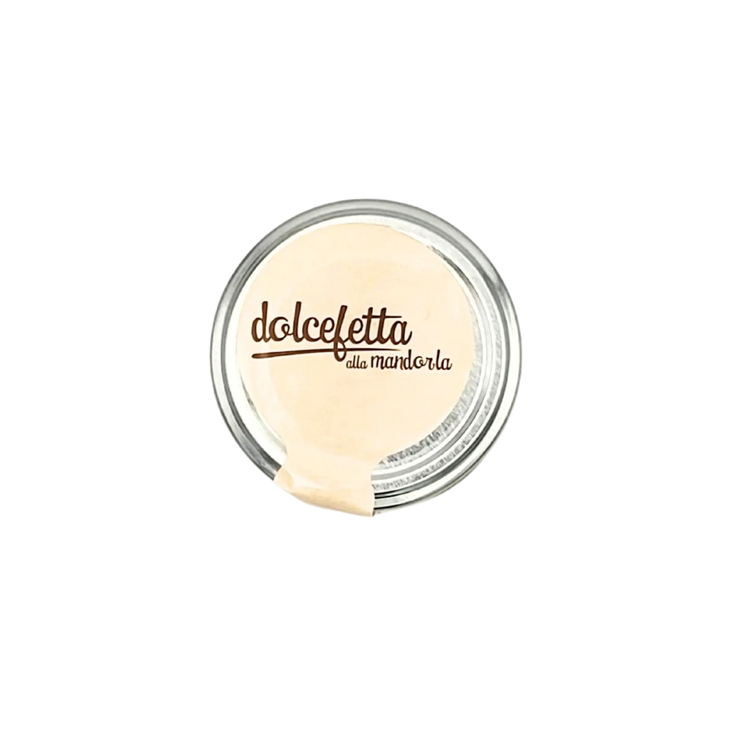 Couvercle de Crème d’Amande Sicilienne Dolcefetta alla Mandorla 180g, produit gourmet avec amandes, texture onctueuse et raffinée.