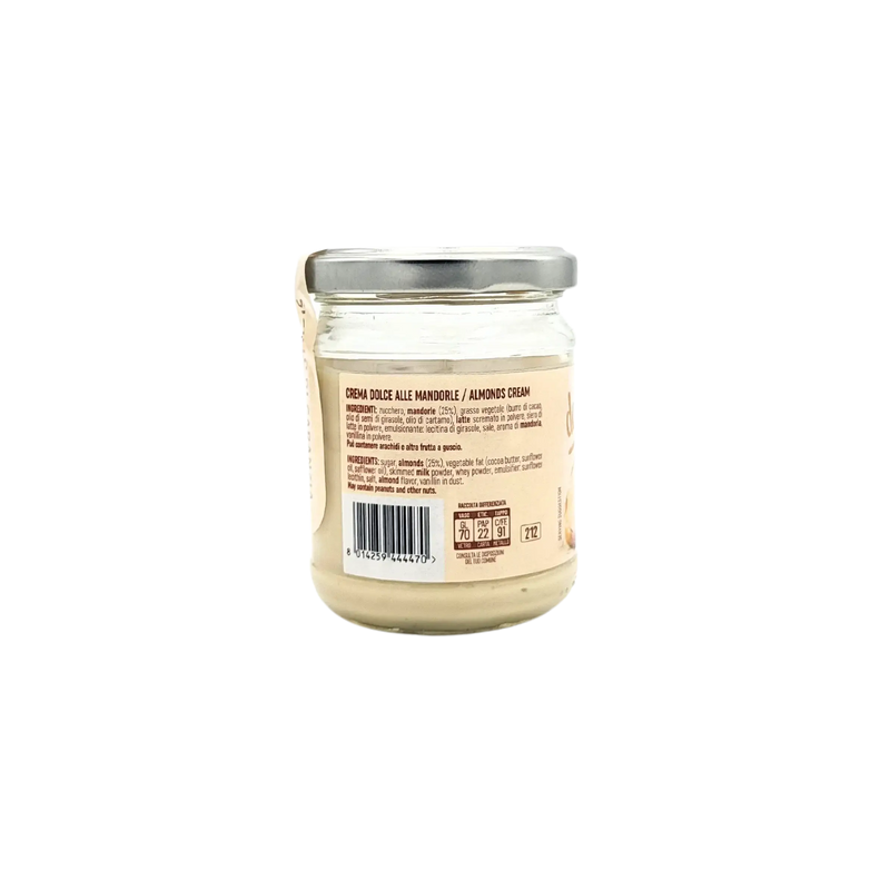 Pot de crème d’amande Sicilienne Dolcetta alla Mandorla 180g, délicieux et riche, fabriqué à partir d’amandes sélectionnées.