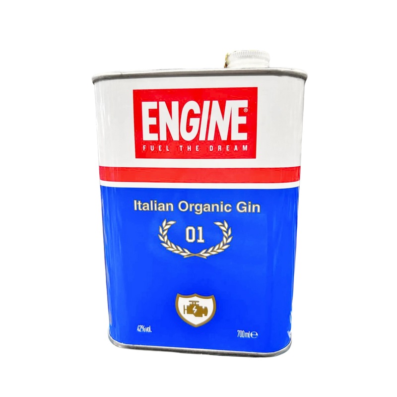 Bouteille de Gin Bio ENGINE 700ml aux baies de genièvre, provenant du Piémont italien, refletant la culture du gin italien.