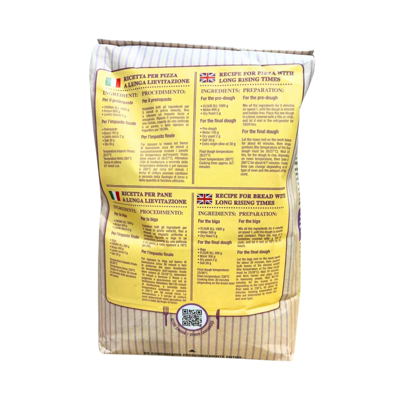 Emballage de farine pizza type 0 Biga Molino Spadoni 5kg avec recettes pour une longue levée, idéal pour pâtes à haute hydratation.