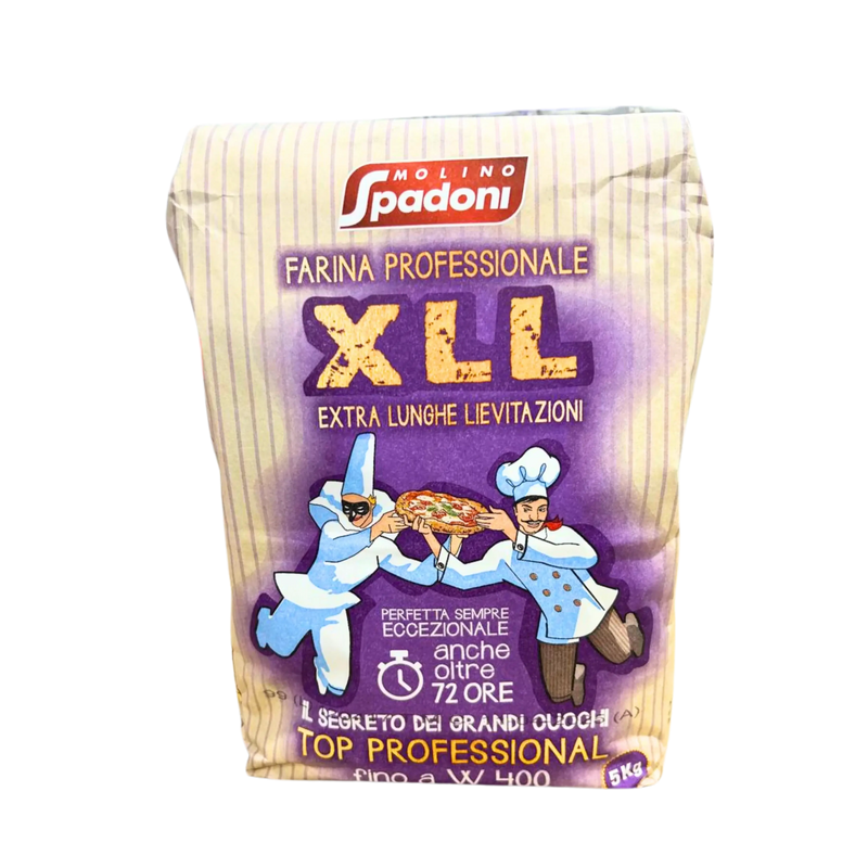 Emballage de farine pizza type 0 Biga Molino Spadoni 5kg avec illustrations de personnages.
