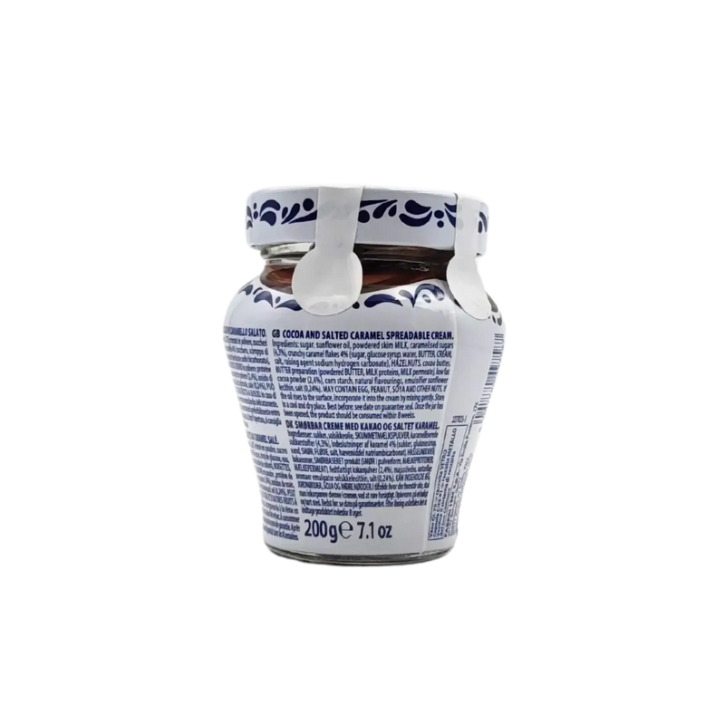 Pot de Pâte à Tartiner au Caramel Beurre Salé Fabbri 200g, dos du pot avec étiquette.
