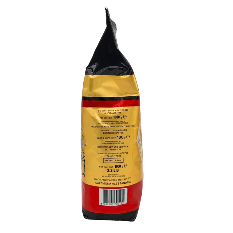 Vue arrière du sachet de café en grains Café Bar Artisanal Miscela Oro Di Napoli CaféMoka 1 kg.