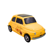 Face avant de la maquette Fiat 500 Gran Turismo jaune, avec design rétro, contenant des chocolats.