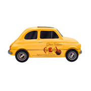 Vue latérale de la maquette Fiat 500 Gran Turismo en métal jaune, contenant des chocolats à la crème de noisette.