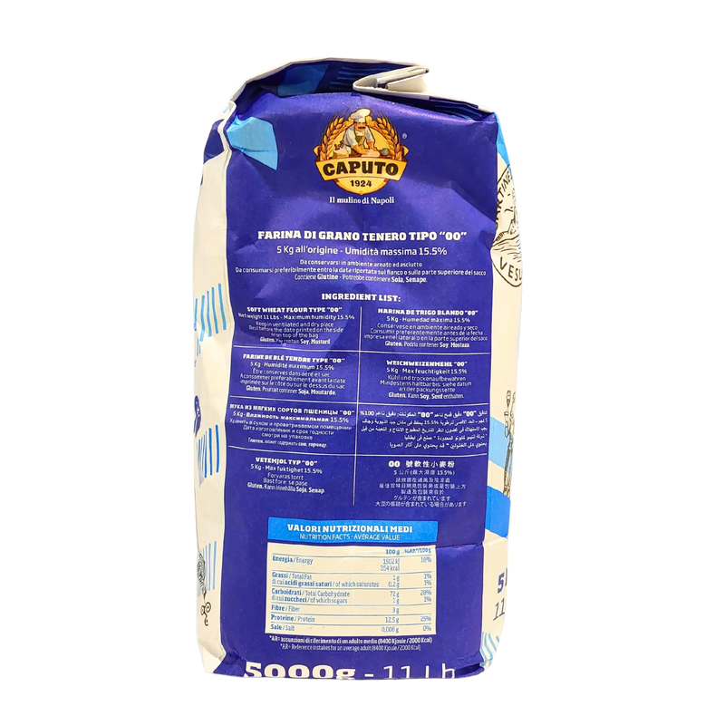 Farine caputo 00 italienne de blé tendre 5kg, emballage bleu et blanc, moulin de Naples, idéale pour pizza authentique.
