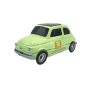 Miniature de Fiat 500 en vert pastel, accompagnée de chocolats italiens.