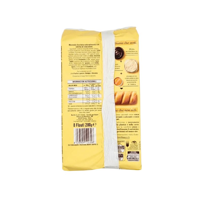 Emballage Mulino Bianco Flauti Cioccolato 280g avec brioche au chocolat et informations nutritionnelles.