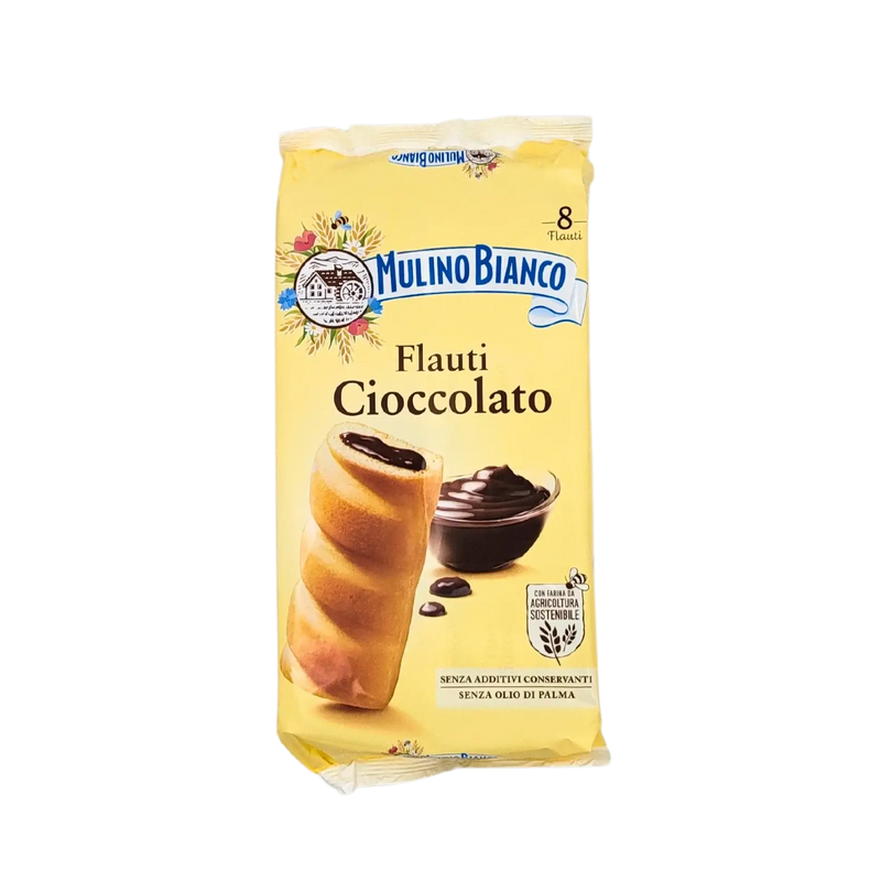 Emballage de Mulino Bianco Flauti Cioccolato 280g avec brioche au chocolat crémeuse, collation italienne irrésistible.