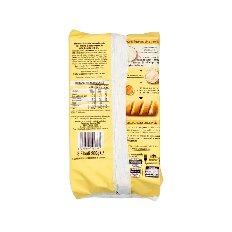 Emballage de Mulino Bianco Flauti Latte 280g montrant ingrédients et informations nutritionnelles. Brioche au lait délicieuse.