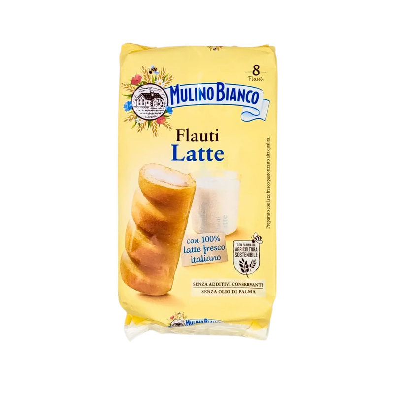 Emballage de Mulino Bianco Flauti Latte 280g, délicieuse brioche au lait italien, sans additifs ni huile de palme.