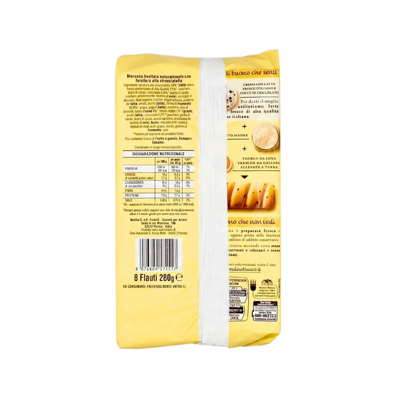 Emballage arrière du Mulino Bianco Flauti Stracciatella 280g, brioche moelleuse italienne aux pépites de chocolat.