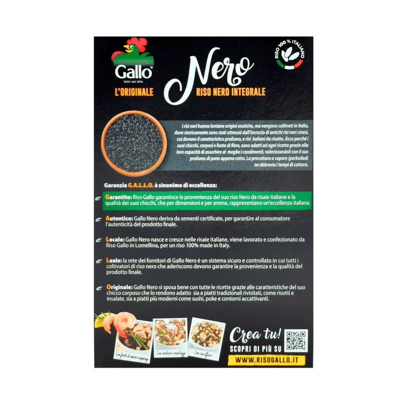 Gallo Riso Nero Intégrale - Vue arrière avec les garanties et la description du riz noir complet