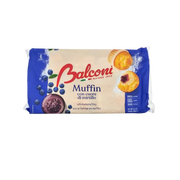 Emballage de muffin myrtille Balconi 258g, pâtisserie italienne moelleuse sans huile de palme, prêt à consommer.
