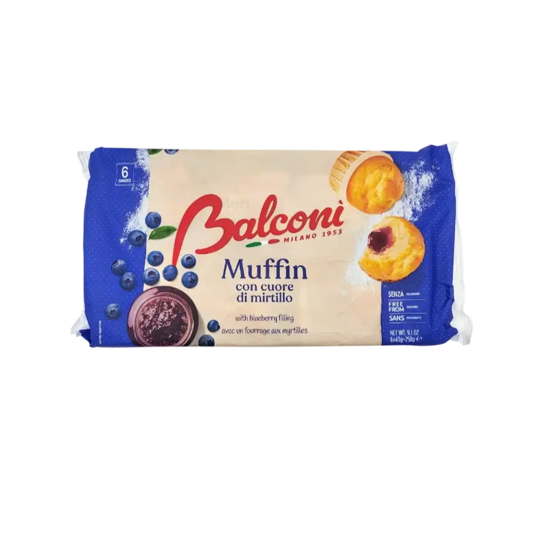 Emballage de muffin myrtille Balconi 258g, pâtisserie italienne moelleuse sans huile de palme, prêt à consommer.