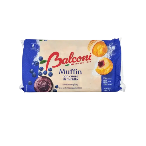 Emballage de muffin myrtille Balconi 258g, pâtisserie italienne moelleuse sans huile de palme, prêt à consommer.