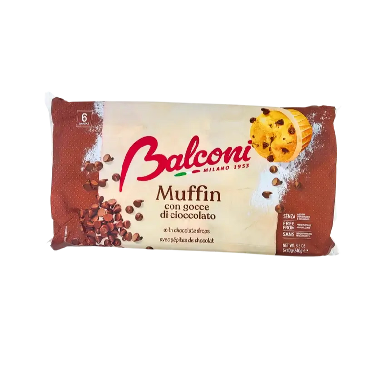 Emballage de Muffin pépite chocolat – Balconi 240g, pâtisserie italienne moelleuse avec pépites de chocolat.