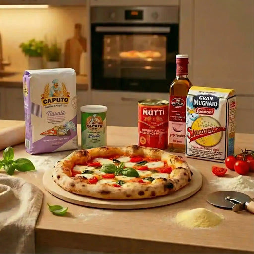 Kit pizza napolitaine Pizzaiolo Maestro avec farine Caputo Nuvola, levure Caputo, tomates San Marzano Mutti, semoule Staccapizza et huile d’olive pimentée autour d’une pizza napolitaine artisanale.