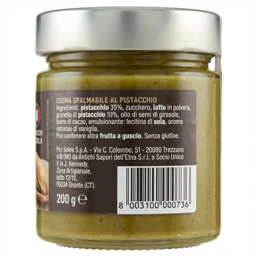 Dos du pot de pâte à tartiner pistache Saper di Sapori avec ingrédients et code-barres, 200g