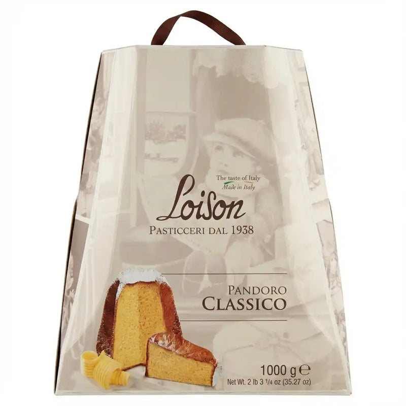 Boîte du Pandoro Classico Loison 1kg – emballage artisanal italien beige décoré, présentant le célèbre pandoro traditionnel.