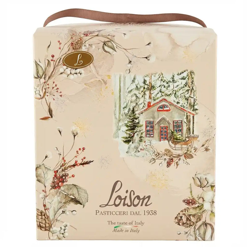 Boîte Pandoro Loison – emballage beige illustré avec chalet enneigé et décorations hivernales, poignée en ruban