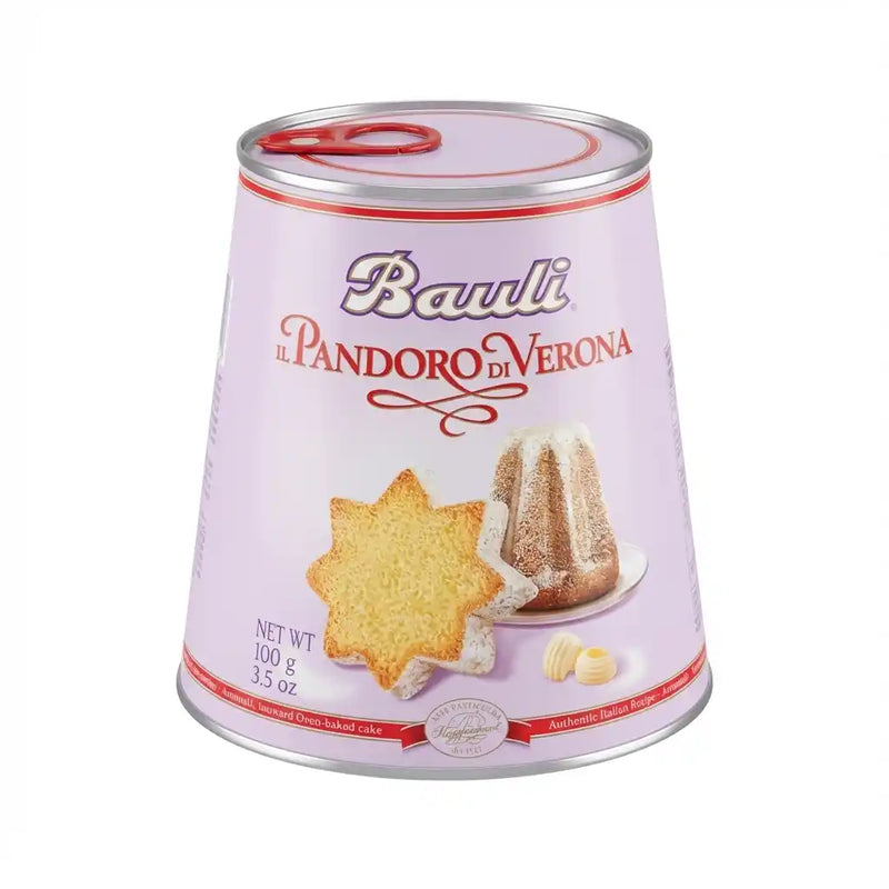 Mini Pandoro Bauli 100g – gâteau italien en forme d’étoile, présenté dans son emballage rose mauve avec poignée rouge.