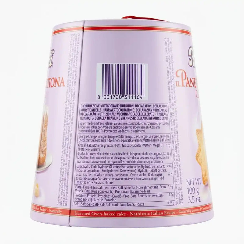 Verso du mini Pandoro di Verona Bauli 100g – vue du code-barres, liste d’ingrédients et informations nutritionnelles sur l’emballage violet.