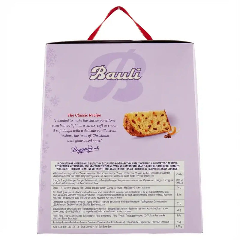 Arrière de la boîte de Panettone Classico Bauli 500g, avec visuel de tranche, description de la recette traditionnelle et tableau nutritionnel imprimé sur l’emballage violet.