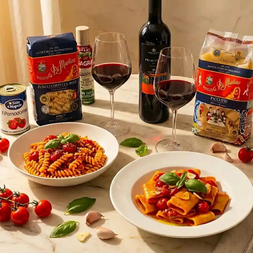 Dîner italien premium avec pâtes Di Martino, tomates Sole e Napule et vin Primitivo, servi avec deux assiettes de pasta al pomodoro.