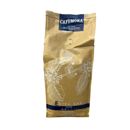 Cafés en grains — Cafemoka Alessandria Extra Bar — sac de 1 kg, riche en arôme et en intensité, pour les amateurs de café préparé à la maison.
